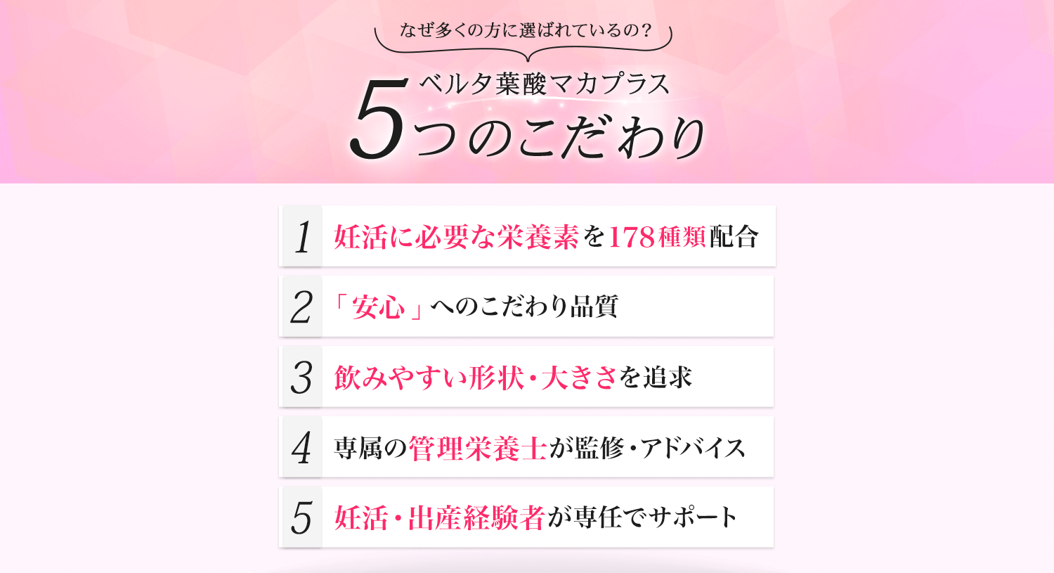 ベルタ葉酸マカプラスの5つのこだわり。①妊活に必要な栄養素を178種類配合、②「安心」へのこだわり品質、③飲みやすい形状・大きさを追求、④専属の管理栄養士が監修・アドバイス、⑤妊活・出産経験者が専任でサポート
