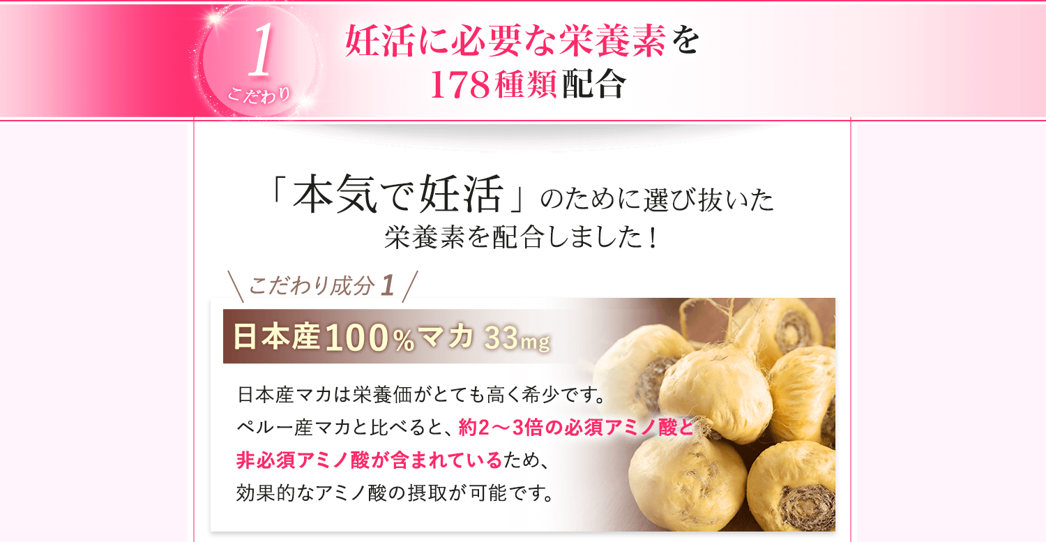 ①妊活に必要な栄養素を178種類配合。こだわり1.日本産100%マカ配合。(ペルー産と比べると約3倍のアミノ酸が含まれている)