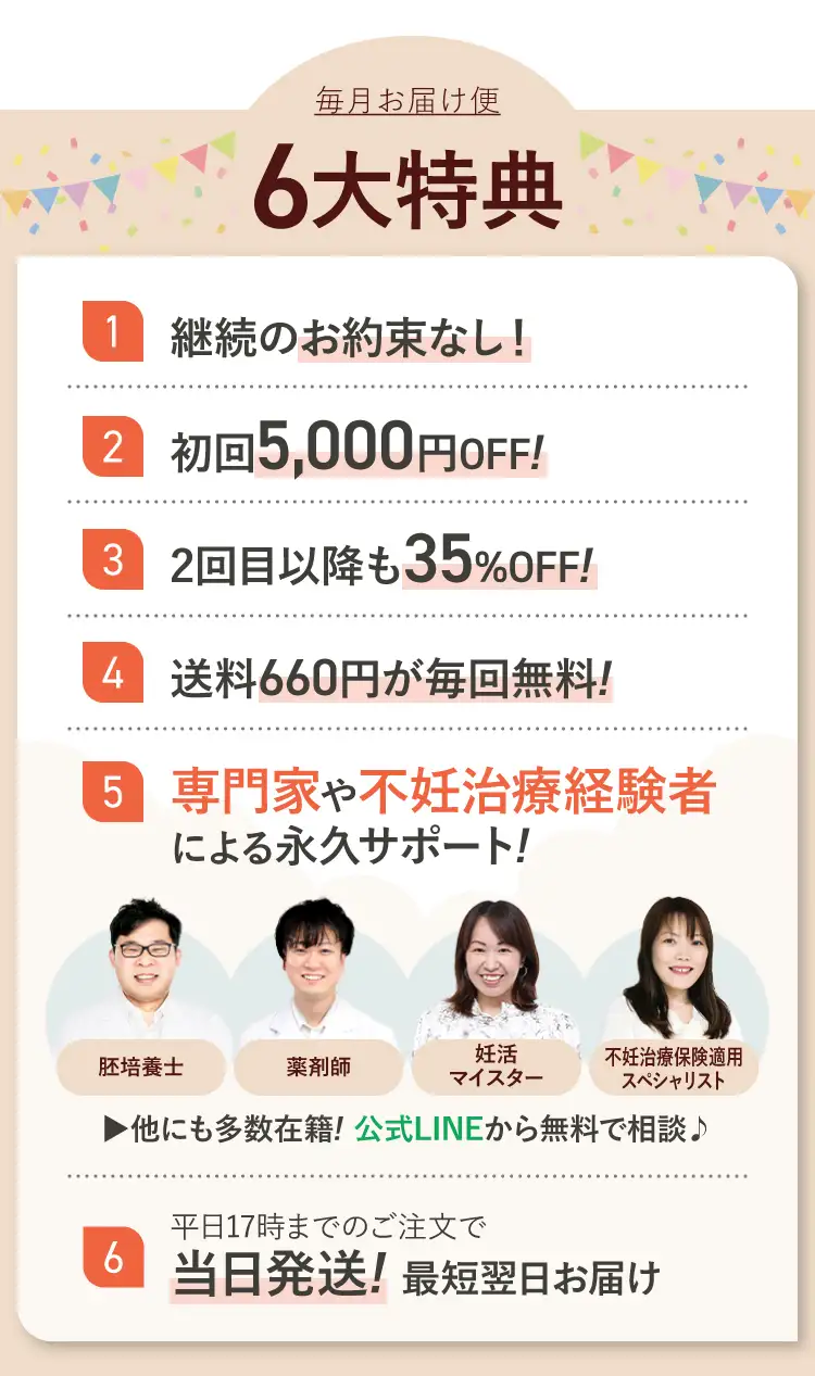 お得な初回特典付き。①送料660円がずっと無料、②初回6,000円OFF、③2回目以降2,000円OFF、④管理栄養士によるアドバイス、⑤妊活・不妊治療経験者によるサポート