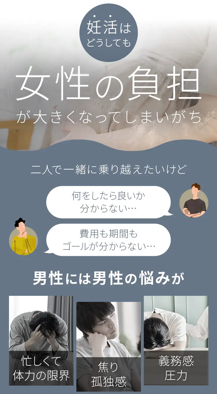 妊活はどうしても女性の負担が大きくなってしまいがち。二人で一緒に乗り越えたいけど男性には男性の悩みが